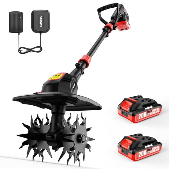 EWORK Cordless Tiller Cultivator 20V, 2x2.0Ah Battery, 80-Minute Runtime, 9-Inch Width 7-Inch Depth Electric Garden Tiller