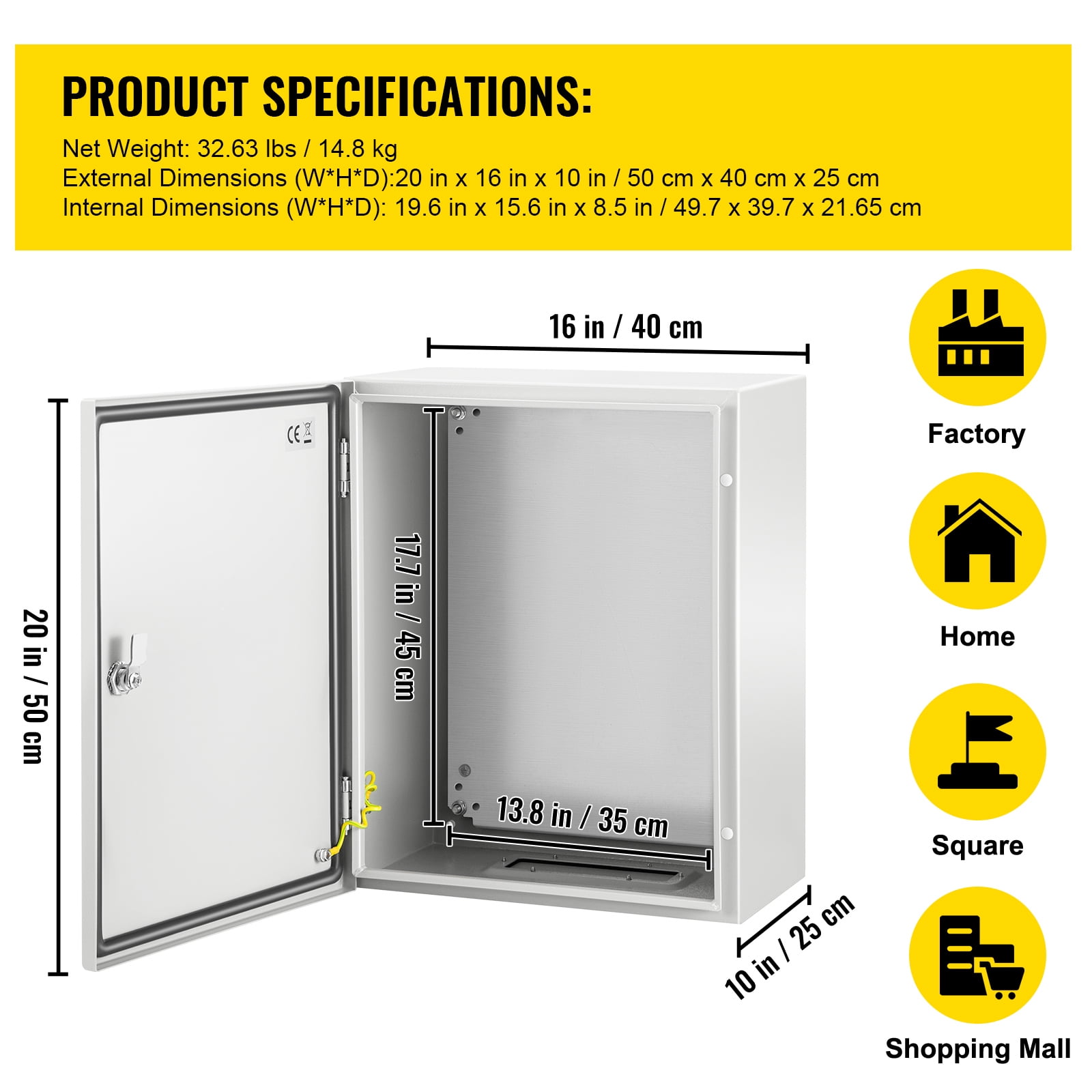 KFFKFF NEMA Metal Housing, 20 x 16 x 10'' NEMA 4X Metal Electric Casing, IP66 Resistant to Water & Dust, External/Internal Electric Connection Box, Including Mounting Panel