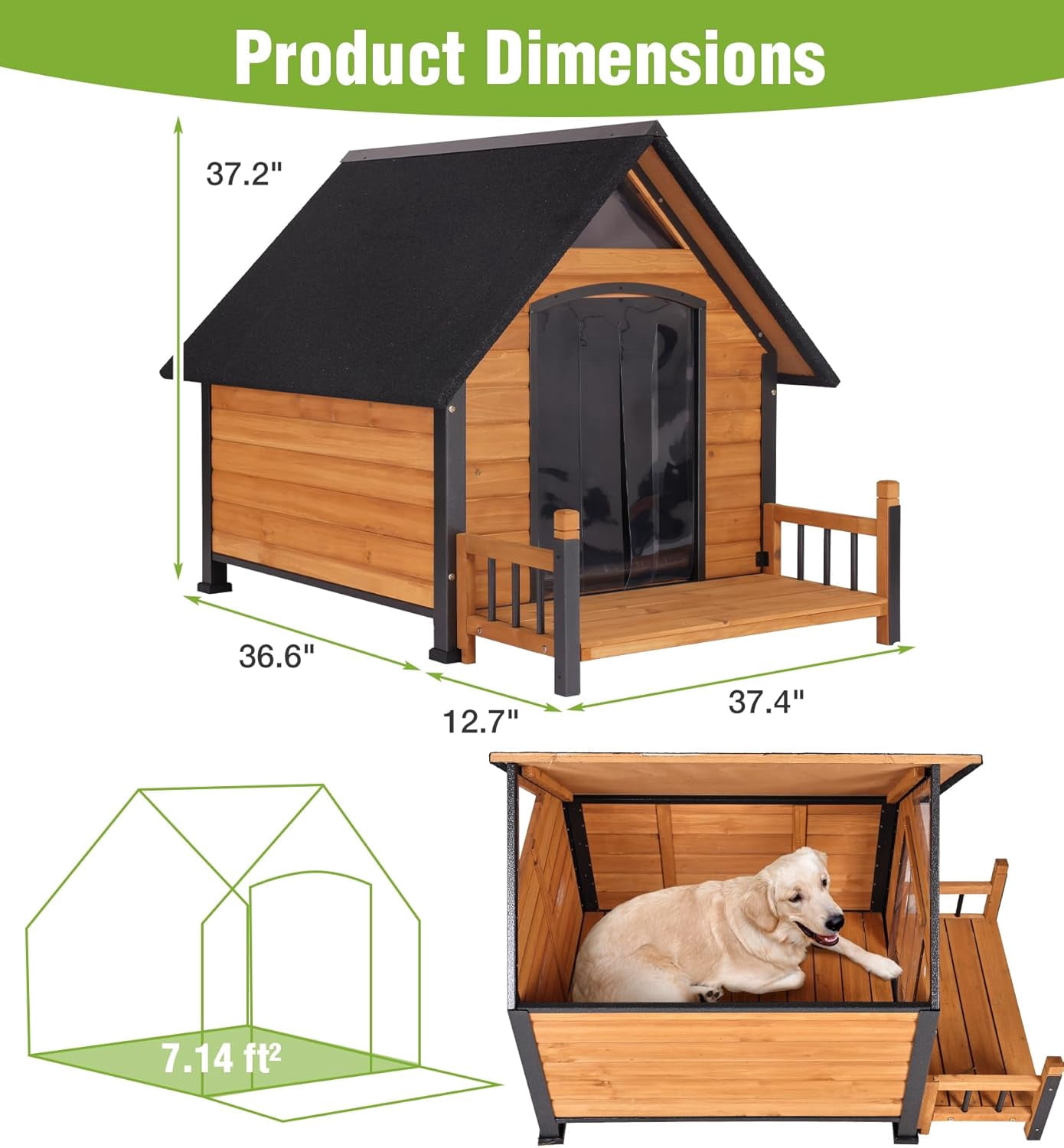 Aivituvin Large Dog House Outdoor Weatherproof with Porch, All-Metal Frame Chew-Proof Dog Kennel with Asphalt Roof, for Small Medium Large Dogs