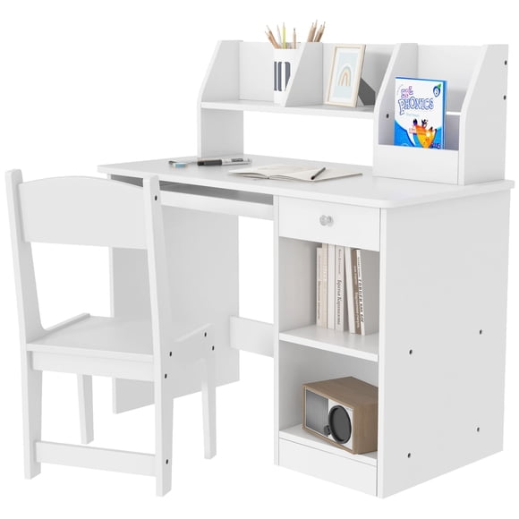 White Kids Desk & Chair Set with Storage - Study Table for Homework & Reading - Perfect for Bedrooms & Playrooms - Sturdy MDF Construction - 35.4”L x 17.7”W
