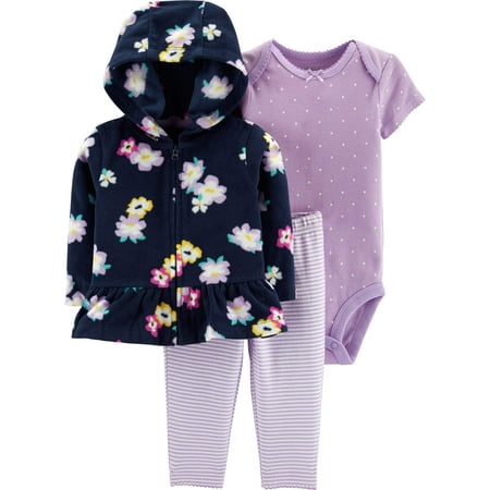 - Hooded Peplum Cardigan, Short Sleeve Bodysuit & Pants, 3-Piece Outfit Set (Baby Girls)