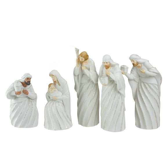 5pc White and Silver Holy Family with Men Christmas Nativity Figure Set 7.25"