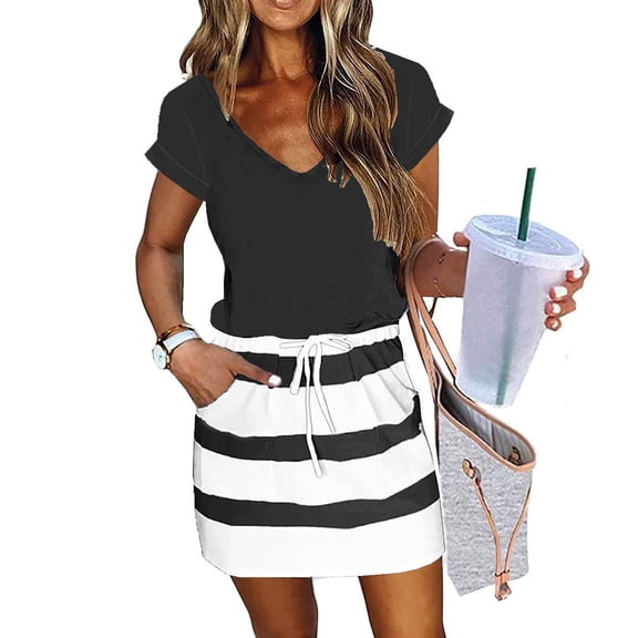 Xihbxyly Casual Dresses for Women Summer Striped Print Off the Shoulder Mini Dress Casual Slim Fit Short Sleeve Ruffle Flowy Sundress