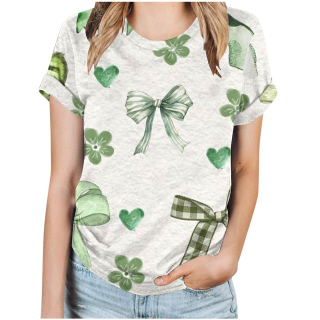 KIHOUT Nouveaux Arrivlas T-Shirts pour Femmes Fête de la Saint-Patrick, Mode Grande Taille Col Rond Manches Courtes T-Shirt Imprimé Vert, Taille P-5TG