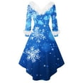 thumbnail image 3 of Women's Fashion V-Neck Casual Fit Christmas Print Party Long Sleeve Dress, Plush Trim, Holiday Print, Retro Style, Party Wear, Slim Fit, Festive,Dark Blue,XL, 3 of 3