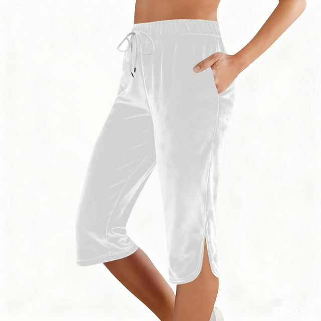 TaTaai Women's Sporty Seven-Eighths Trousers with Elastic High Waist and Side Pockets, Solid Color Stretch Athletic Pants, Casual Cropped Length Bottoms for Daily Wear Gift