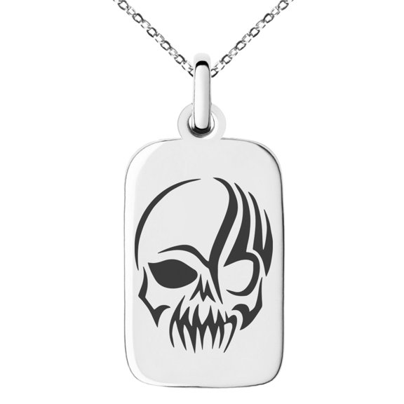 Stainless Steel Death Zombie Skull Engraved Small Rectangle Dog Tag Charm Pendant Necklace