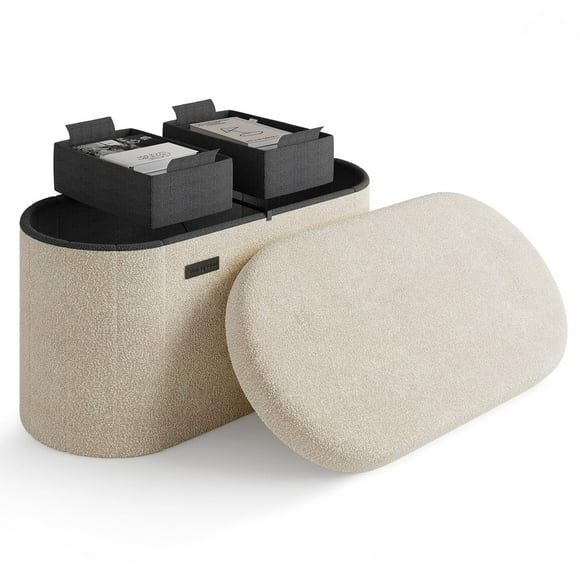 StorageBud Storage Ottoman Bench, 30 Inch Storage Bench for Bedroom End of Bed, Foldable Large Ottoman Foot Rest, Entryway Bench with Storage, Boucle Oval Storage Chest Max 660lbs, Beige