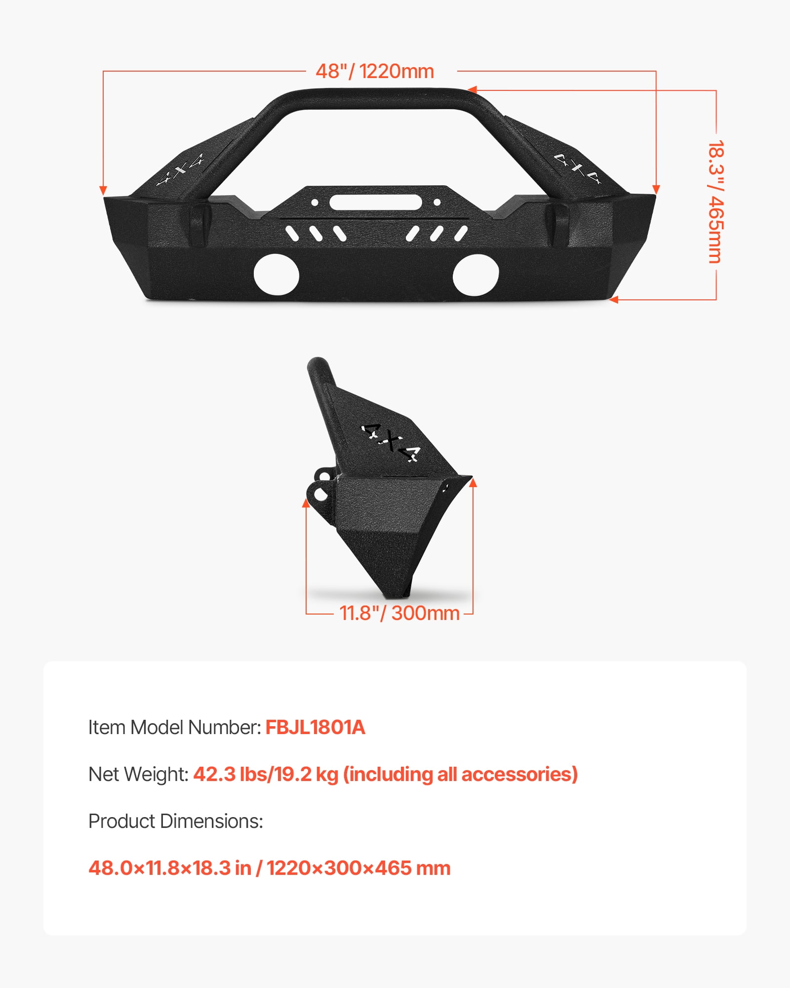 VEVOR Front Bumper Compatible with 2018-2024 Jeep Wrangler JL JLU & Gladiator JT, Heavy-Duty Steel Front Bumper with Winch Plate, D-Ring Mounts & Fog Light Housing