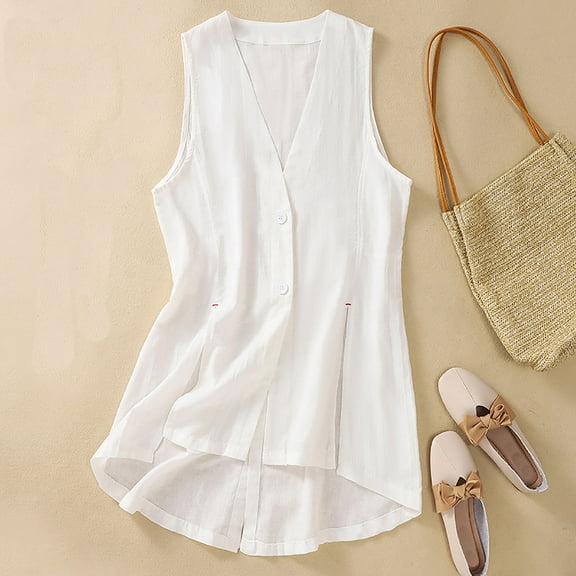 Nrmvnmi Summer Saving 2024 Women's Cotton Linen Sleeveless Vest Casual V Neck Button Down Blazer Waistcoat Jackets