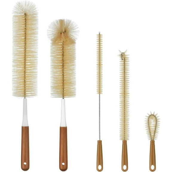 5-Pack Bottle Brush Cleaner - Long Bamboo Handle Water Bottle Straw Cleaning Brush for Washing Narrow Neck Beer Wine Decanter, Sports Bottle, Thermos, Flask