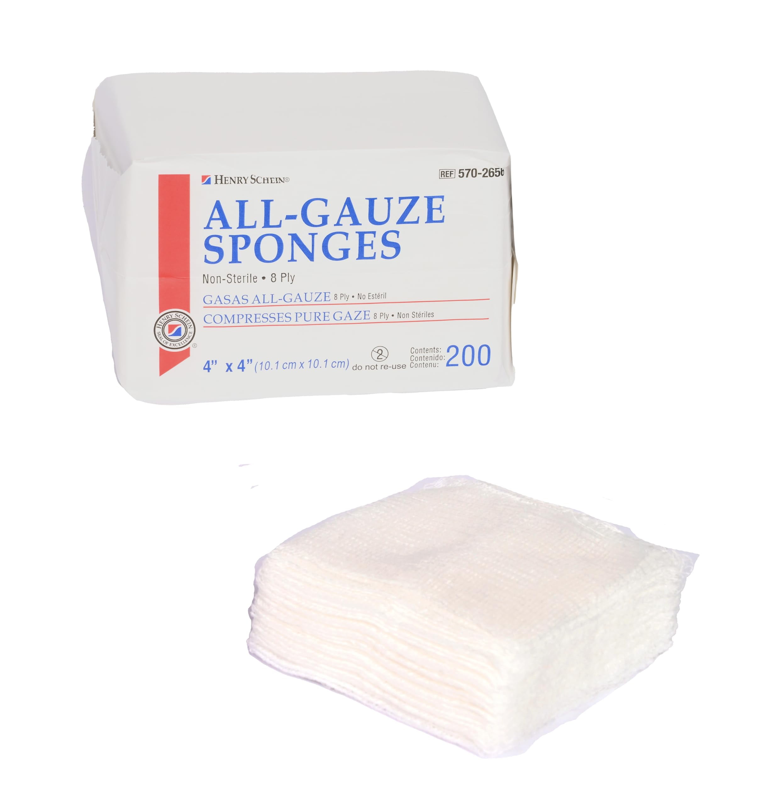 Henry Schein 200/Pack Non-Sterile Gauze Pads 4’’ x 4’’ for Wound Dressing Gauze Sponge-Pads for Wound Care - 8-Ply - 100% Cotton & Highly Absorbent - 5 Packs (200/Pack)