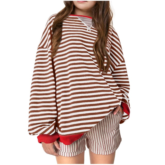Besolor Girls Oversized Sweatshirts Fall Crewneck Long Sleeve Striped Tops Color Block Pullovers Casual Loose Shirts