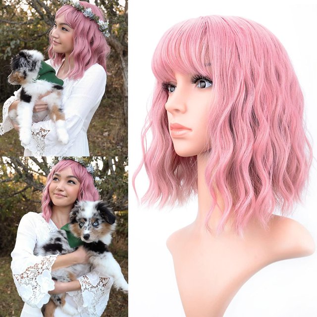 Pelucas cortas de color rosa púrpura para mujer, peluca sintética ondulada rizada hasta los hombros para cosplay para niñas, pelucas coloridas de uso diario (12, rosa púrpura)