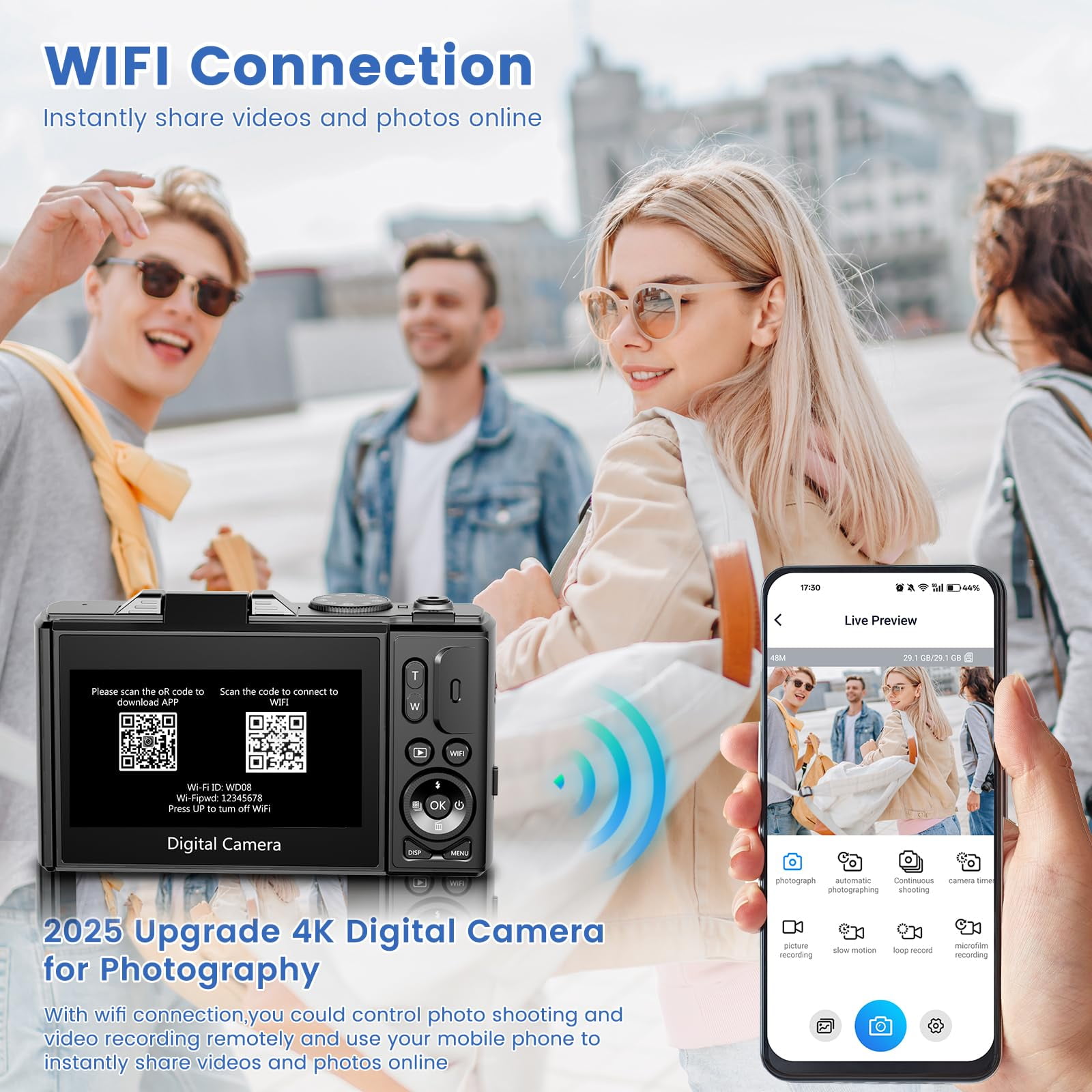 Saneen Digital Camera 4K 64MP Vlogging Camera for YouTube 3''180°Flip Screen 18X Zoom Autofocus 32GB SD Card Video Cameras for Beginners