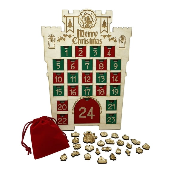 Fantasy Castle Christmas Advent Calendar Laser Cut Birch Wood Includes Mini Holiday Ornaments - All Red Doors