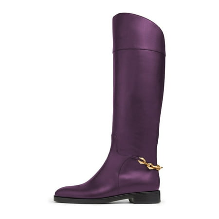 FSJ Women Classic Knee High Riding Flats Booties Round Closed Toe Back Gold Tone Chain Wide Calf Stacked Low Heel Pull On Shoes Size 9.5 Purple