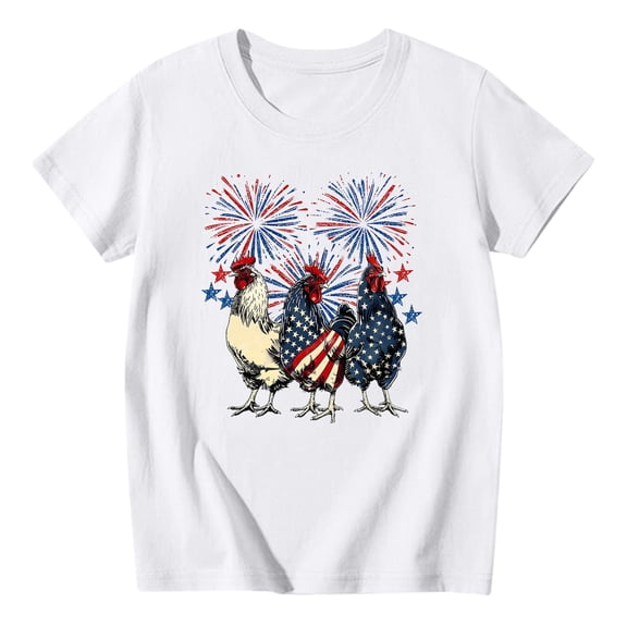 Sjldqy Girls 4th Of July Shirt Soft Loose Vintage American Flag Rooster Graphic Tee Short Sleeve Crew Neck Summer Patriotic Top For Girls Size 12-13 Years White
