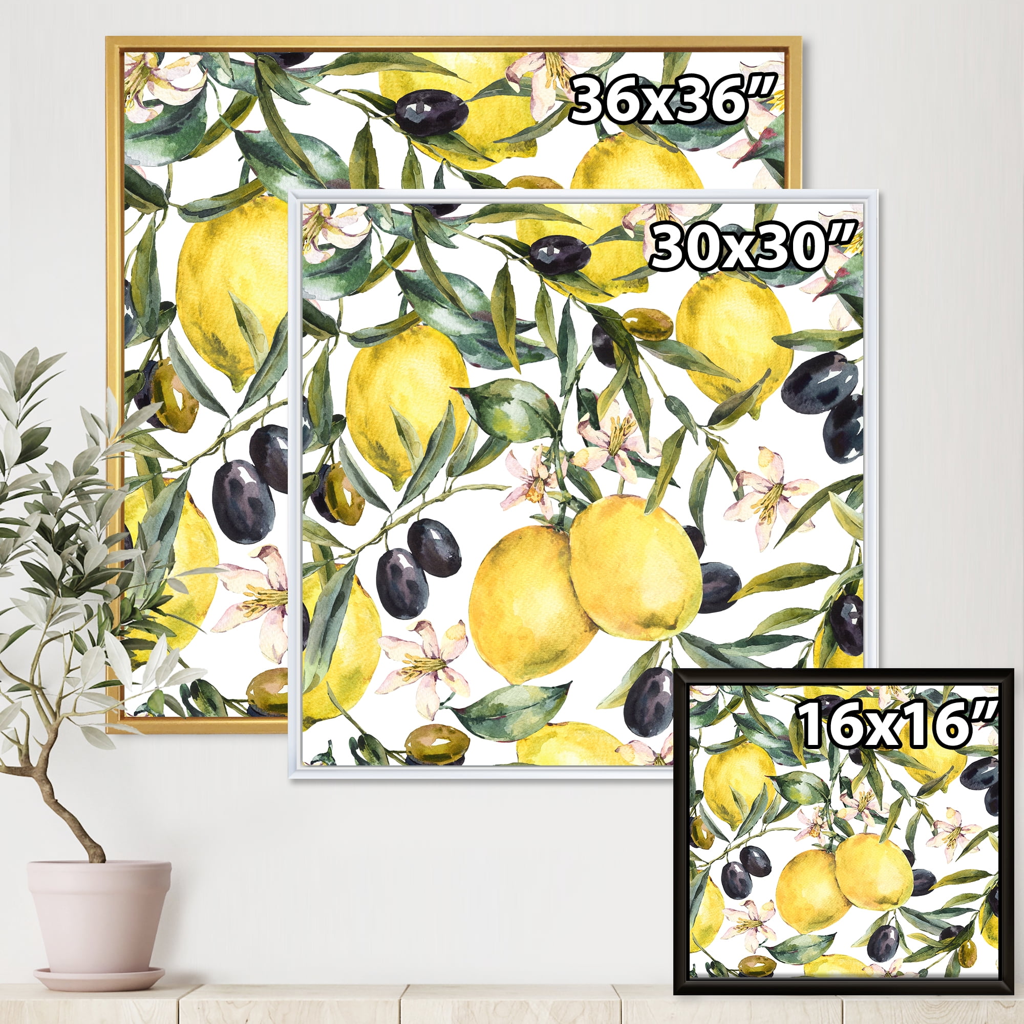 Designart 'Olive and Lemon Branches I' Tropical Framed Canvas Wall Art Print