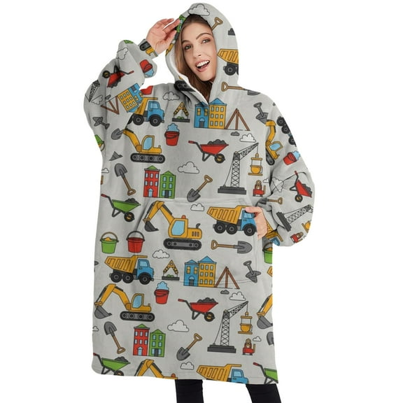 Oversized Wearable Blanket Hoodie,Cartoon Construction Vehicles Shovels Light Gray Pattern Sherpa Blanket Hoodie with Super Pockets,Super Warm Fuzzy Pullover for Women & Men