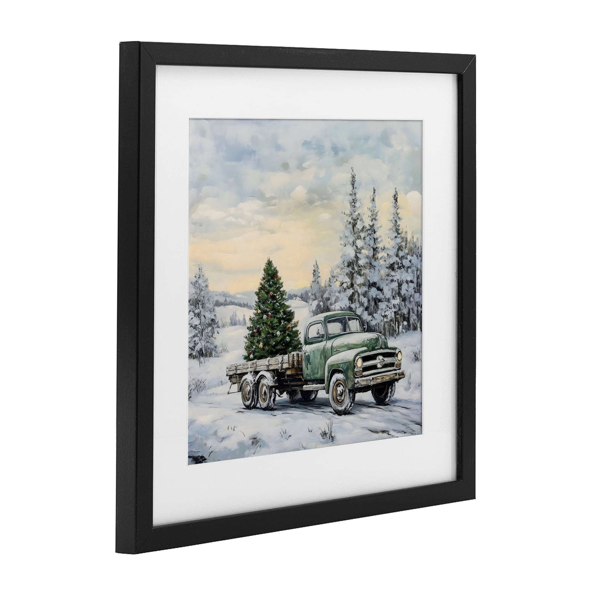 Green Christmas Tree Truck Black Framed Print Under Glass, design by Petal Prints Design