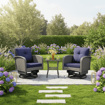 3 Pieces Patio Furniture Set, Swivel Rocking Wicker Chairs Set , Wicker Patio Bistro Set with Rattan Rocking Chair, Glass Top Side Table and Thickened Cushions for Porch Deck Backyard(Dark Blue)