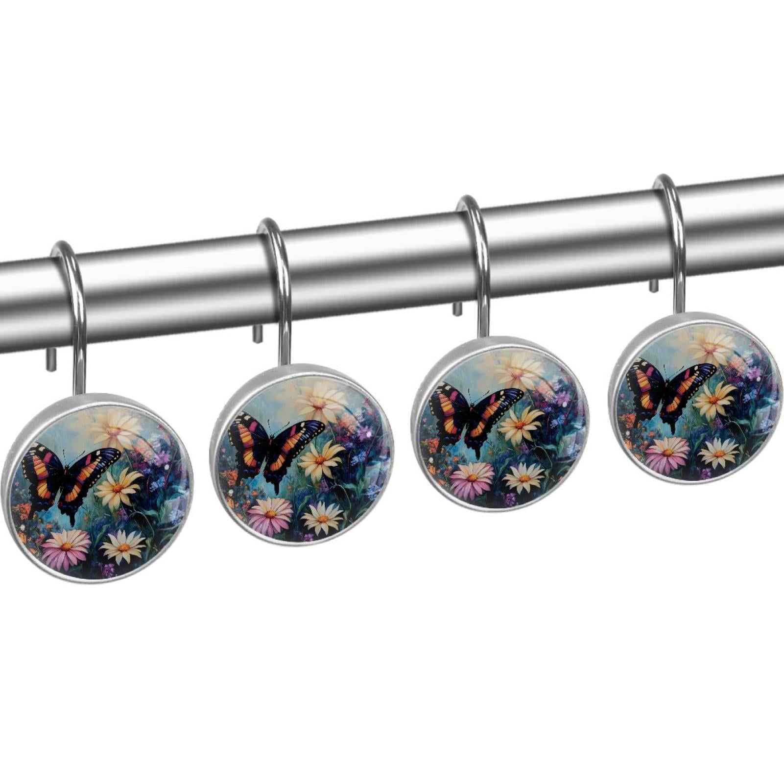Butterfly Daisy Wildflowers Shower Curtain Hooks Round Crystal Glass, Set of 12 Shower Curtain Rings - Shower Hooks for Curtain Shower Rings
