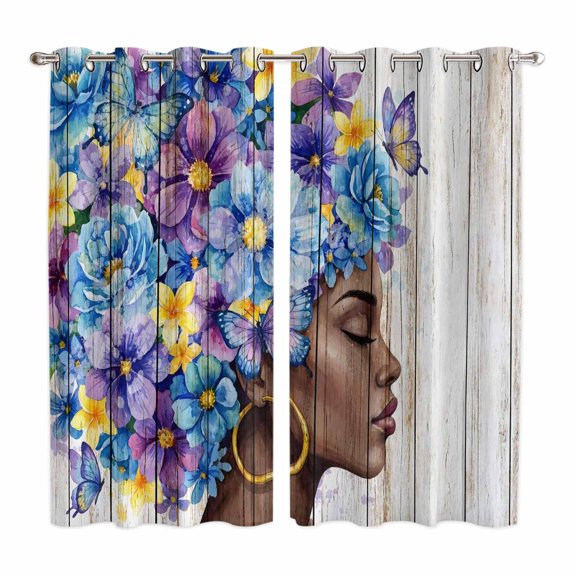 Black African Women Kitchen Curtains Window Panels, Spring Floral Butterfly Retro Wooden Insulated Window Treatment Curtain, Grommet Curtains for Bedroom/Living Room/Bathroom, 2 Piece 52"Wx84"L