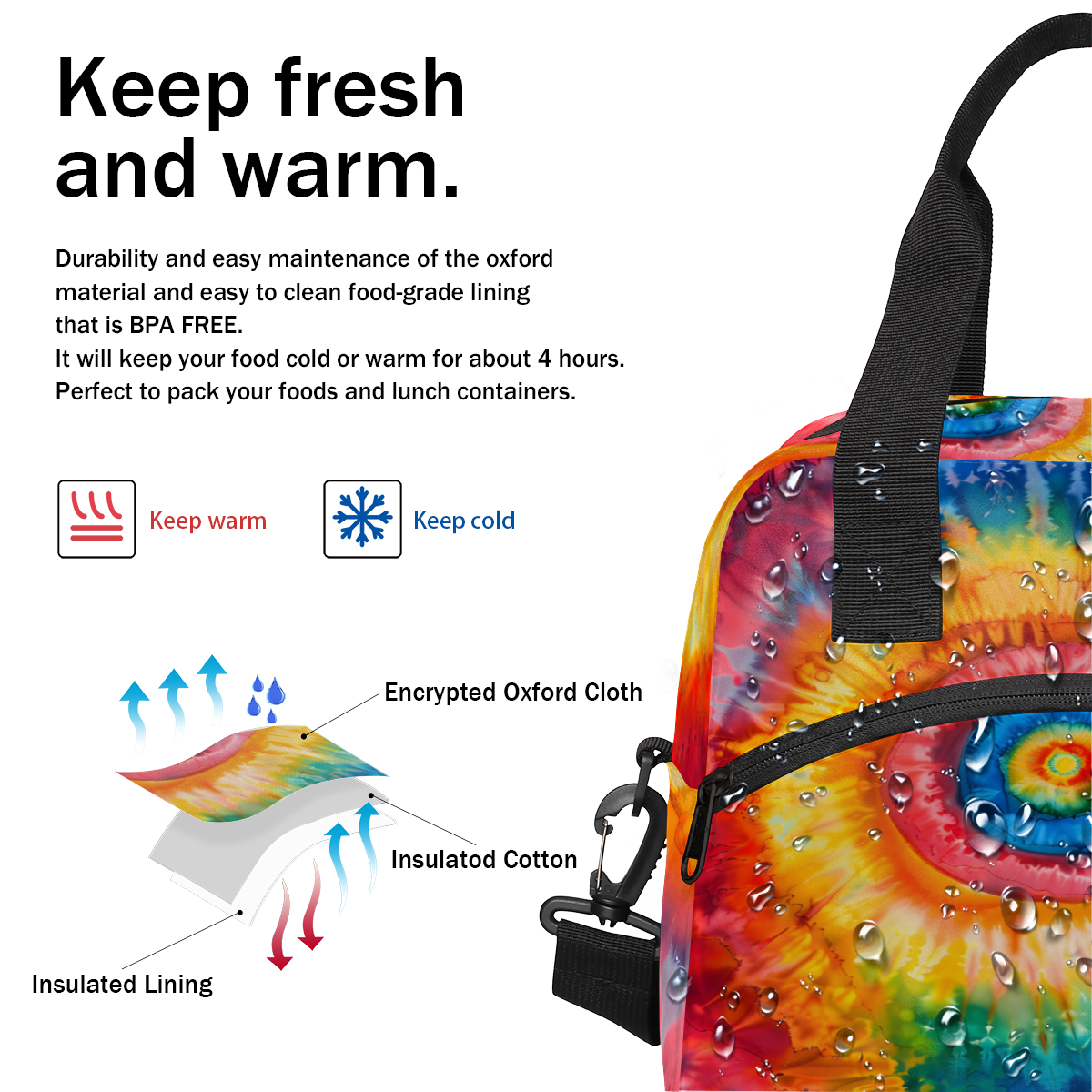 Herdesigns Tie Dye Colorful Rainbow Retro Insulated Lunch Bag for Women Men Adults Large Reusable Lunch Box Leakproof Portable Cooler Tote Bags with Adjustable Shoulder Strap