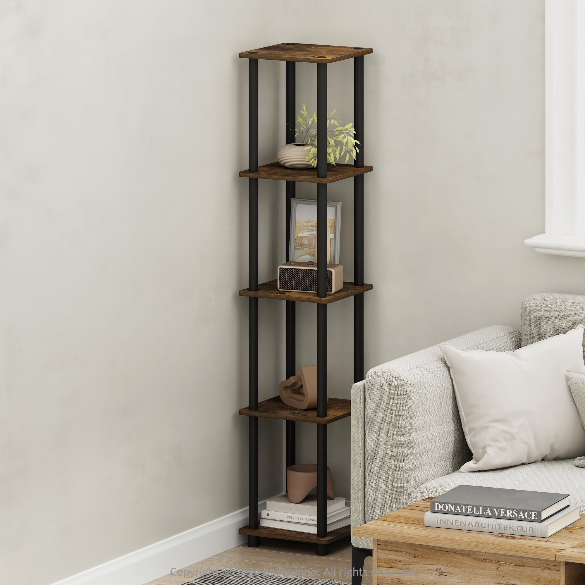 Furinno TURN-N-TUBE 5-Tier Corner Square Rack Display Shelf in Amber Pine/Black