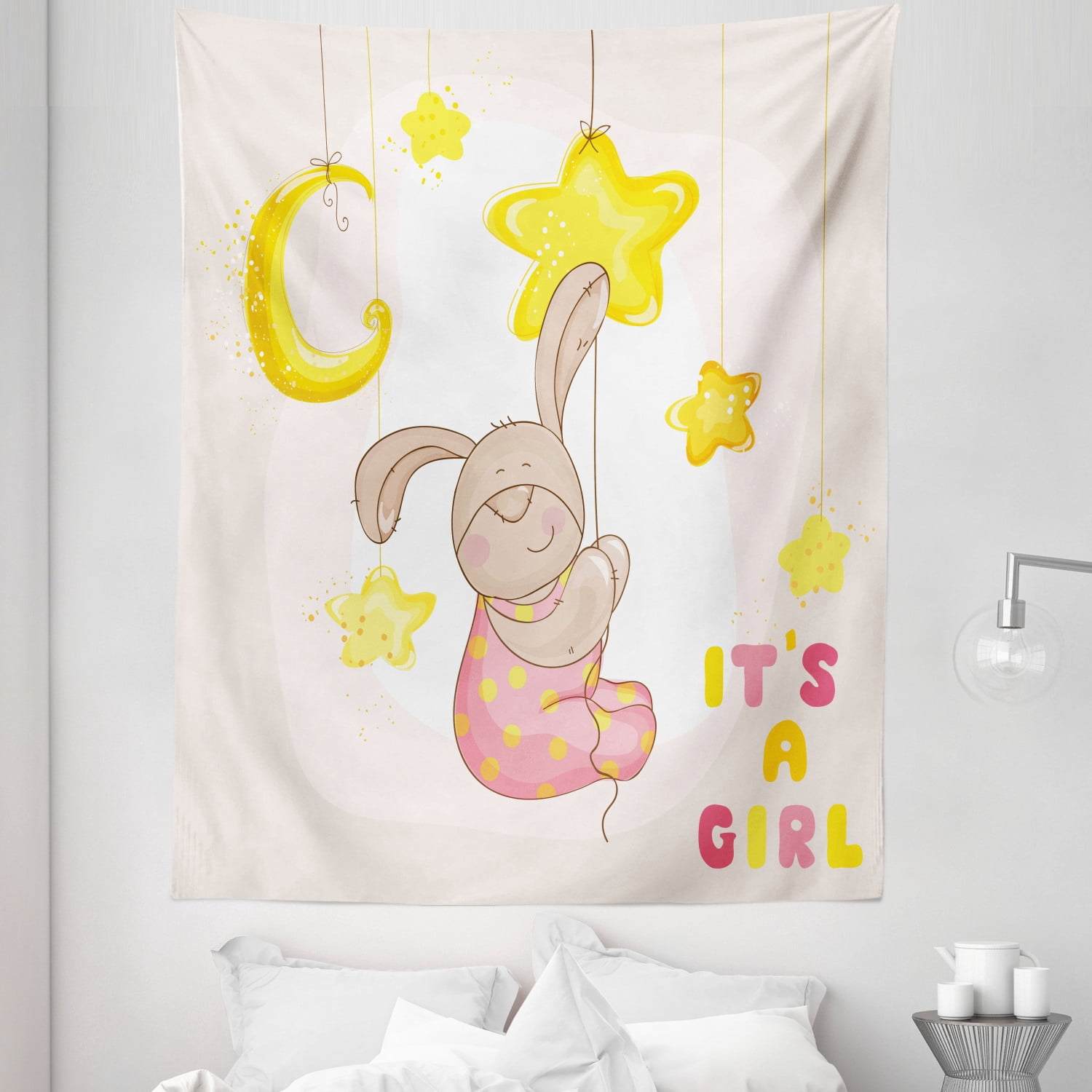 Moon Tapestry, Cartoon Like Bunny Hanging Stars and Moon Polka Dots ...