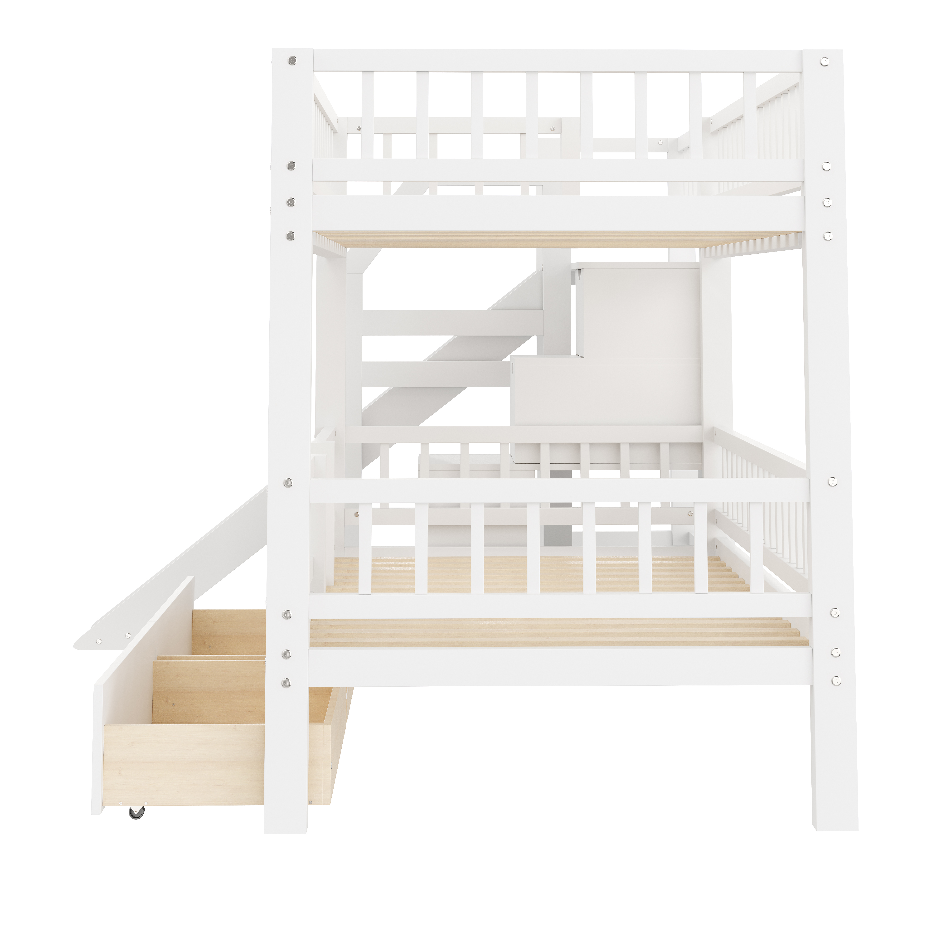 Euroco Twin over Twin Bunk Bed with Storage Staircase and Slide, White
