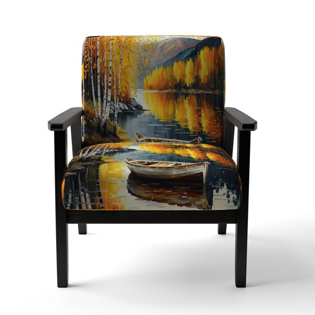 Designart "Fall Journey on the Lake III" Yellow Boat Upholstered Accent Chair - Traditional Arm Chair For Bedroom