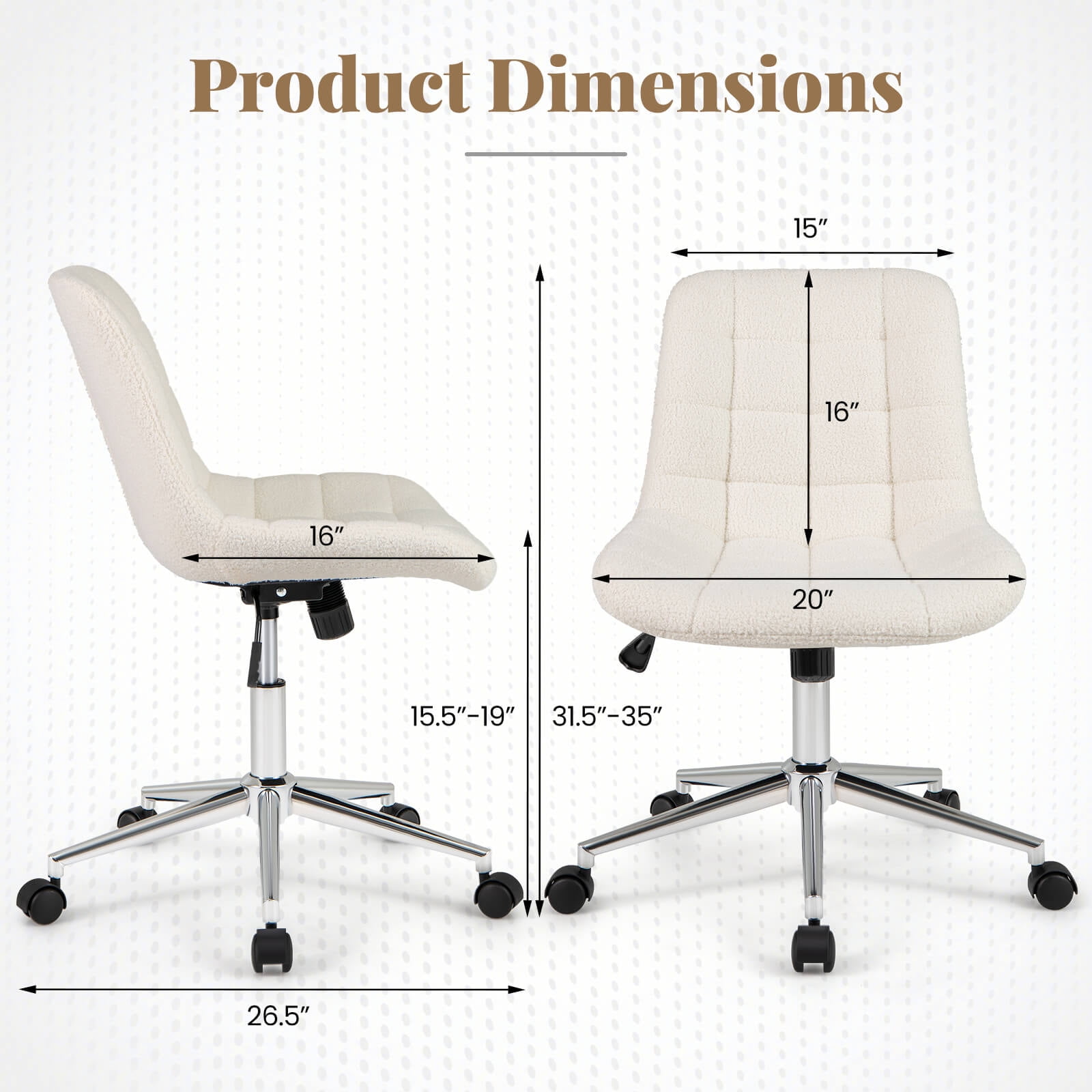 Costway Upholstered Armless Office Chair with Adjustable Height & Wheels for Small Spaces White