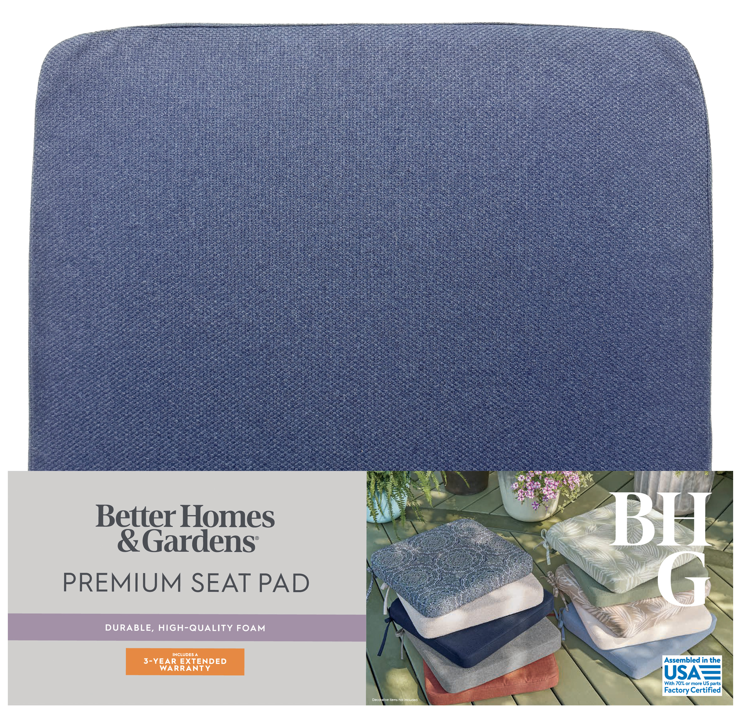 Better Homes & Gardens 19" x 18" Rectangle Outdoor Seat Pad Cushion, 1-Piece, Navy