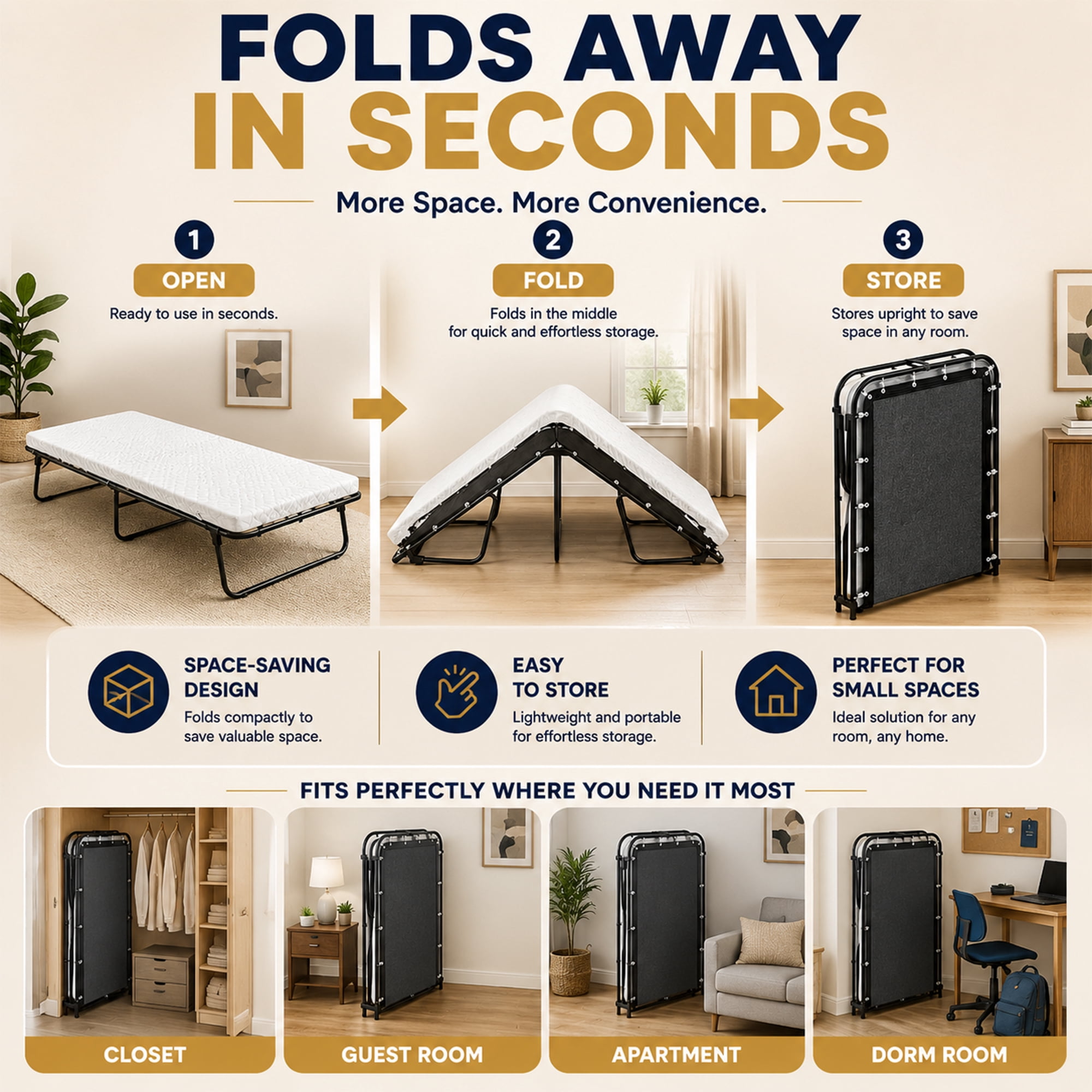 Continental Sleep, 14″ High Folding Guest Bed with 3″ Memory Foam Mattress, Sturdy Metal Frame, Easy Access for Seniors, Underbed Storage, Comfortable Rollaway Bed for Guests, 26″ Wide