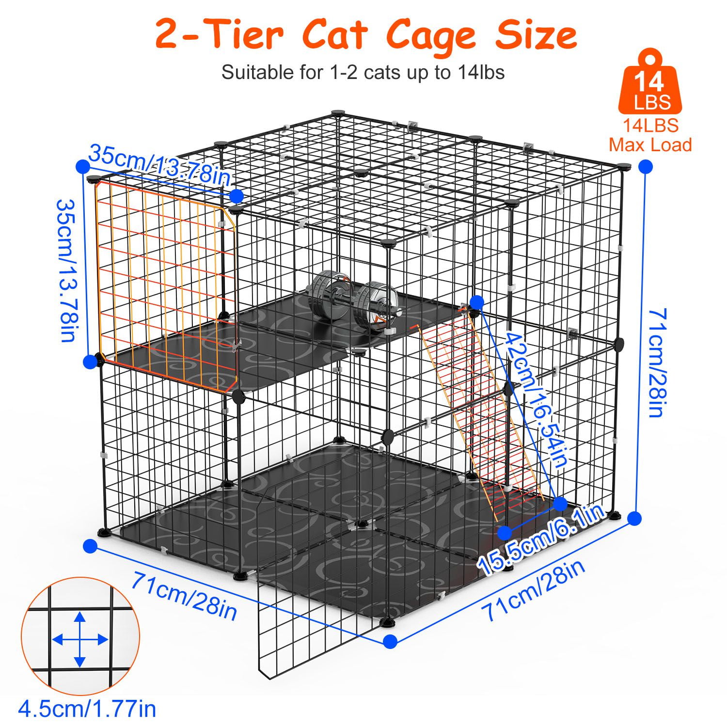 Zorpupoa 1Pc 2-Tier Cat Cage Playpen for Indoor Small Pets Detachable Cat Kennel House with Climbing Ladder 2 Doors, Multi-Level Enclosure for 1-2 Cats  Ferrets  Squirrels  Rabbits,Black