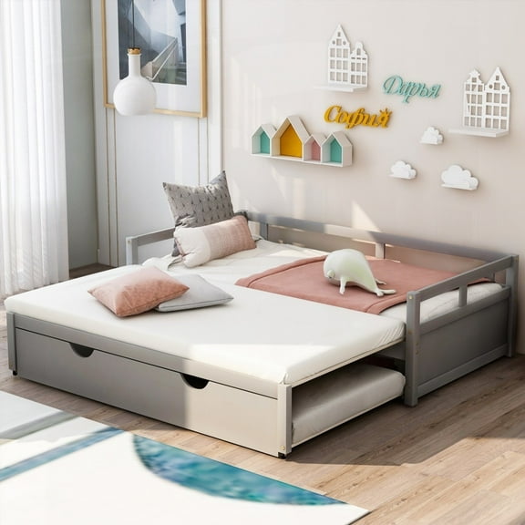 Gray Wooden Daybed with Pull-Out Trundle - Twin to King, Solid Construction