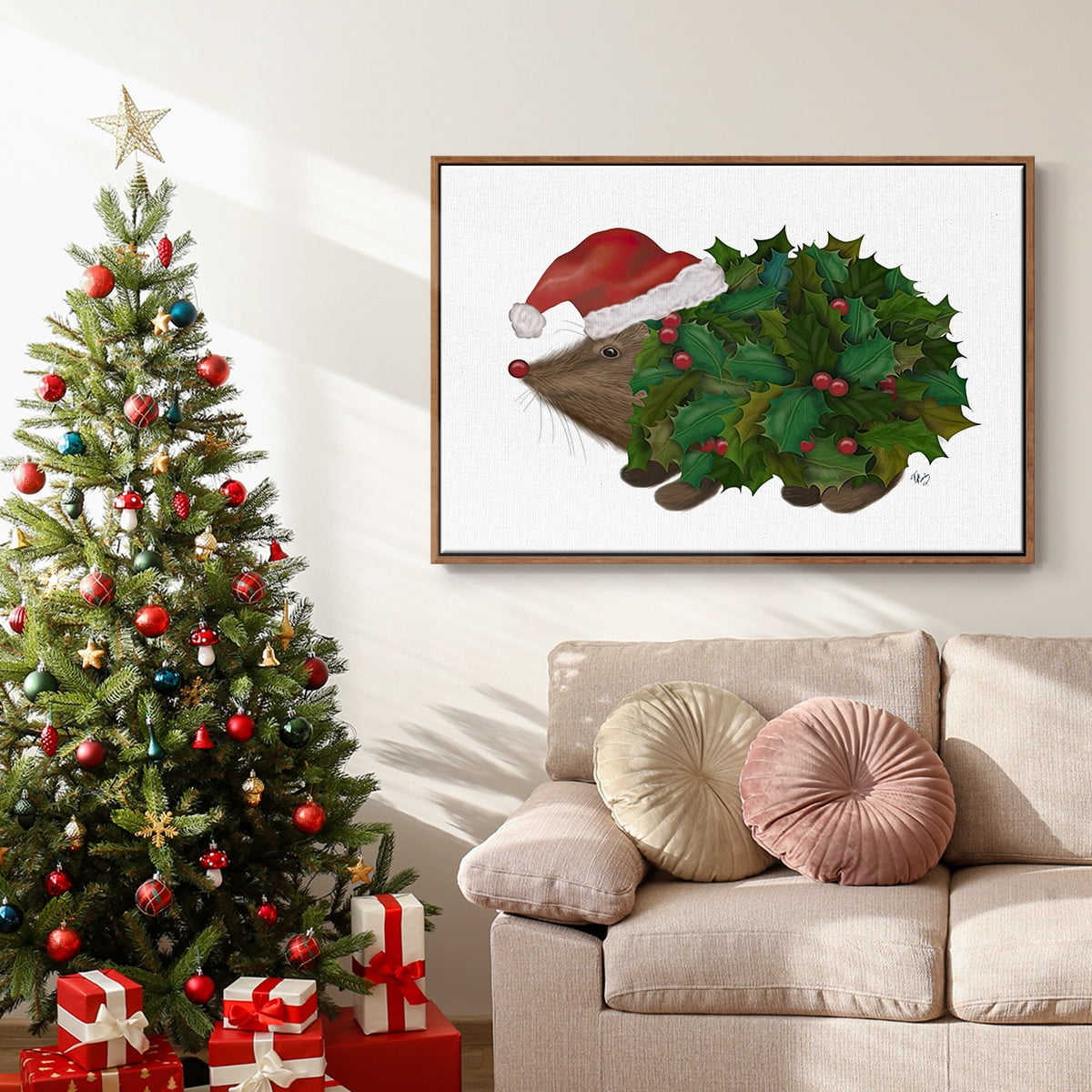 Christmas Holly Hedgehog - Framed Gallery Wrapped Holiday Canvas - 27 x 41 - Rosewood Frame