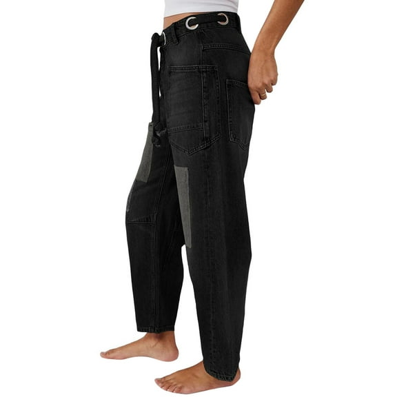 Womens Loose Horseshoe Jeans Wide Leg Patchwork Low Rise Denim Pants with Pockets Black XL