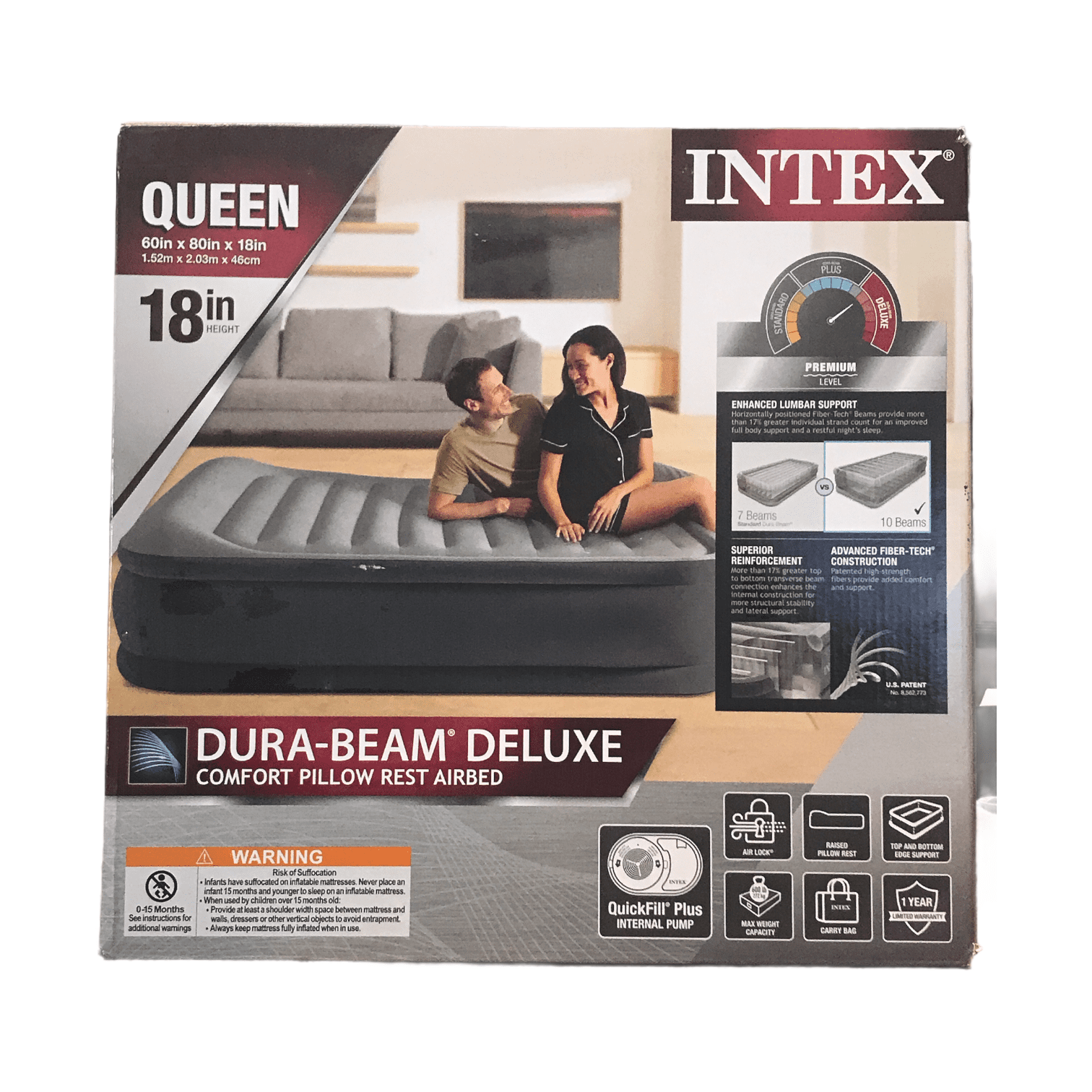 Intex Queen Deluxe Pillow Rest Airbed Mattress w/ Built In Pump & Cordless Pump 