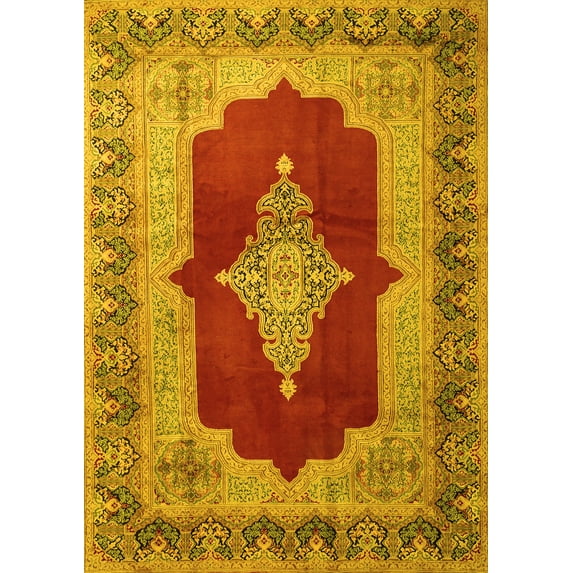 Ahgly Company Machine Washable Indoor Rectangle Medallion Yellow Traditional Area Rugs, 7' x 10'