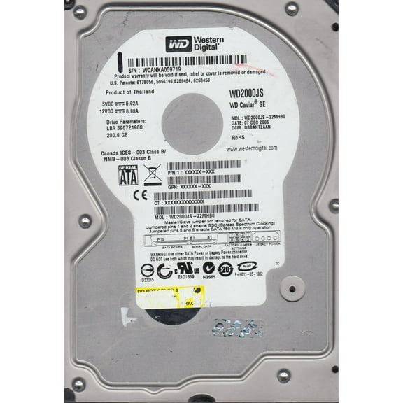 WD2000JS-22MHB0, DCM DBBANT2AAN, Western Digital 200GB SATA 3.5 Hard Drive