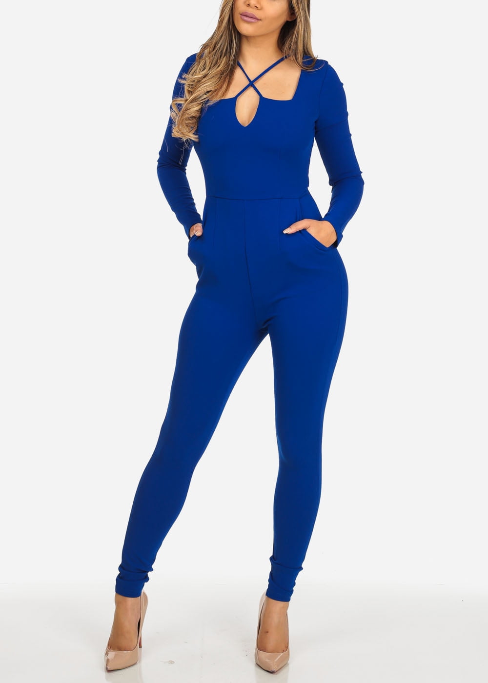 Moda Xpress Womens Juniors Evening Wear Royal Blue Crisscross VNeck Long Sleeve Jumpsuit