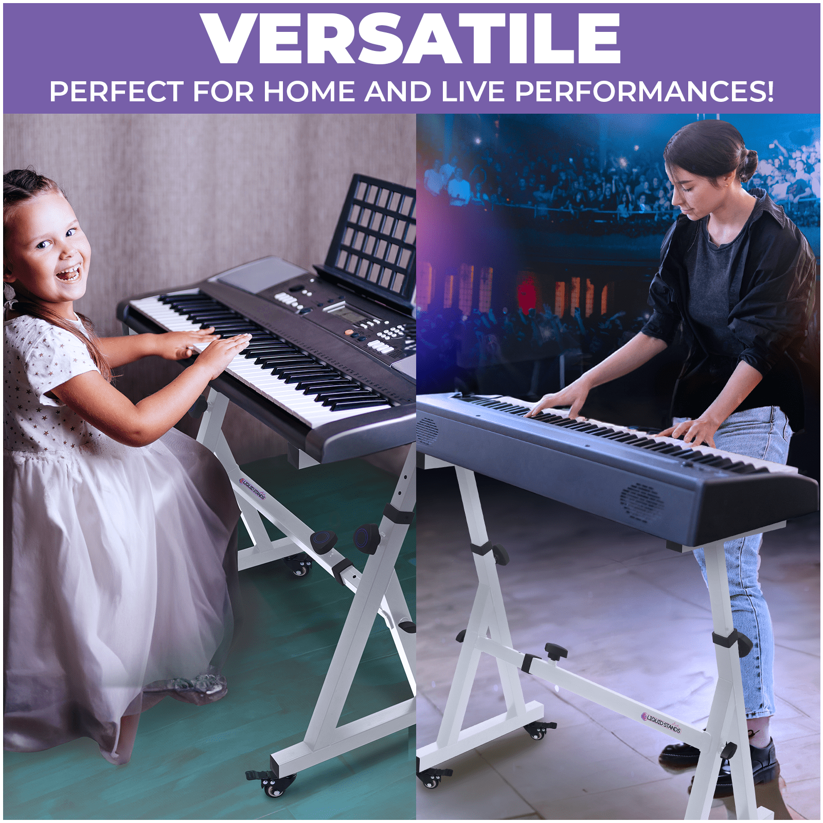 Liquid Stands Keyboard Stand w/ Wheels - Z Style Adjustable & Portable Professional Heavy Duty Digital Piano Stand - Fits 54-88 Key Electric Pianos - Sturdy Rolling Musical Keyboard Stand (White)