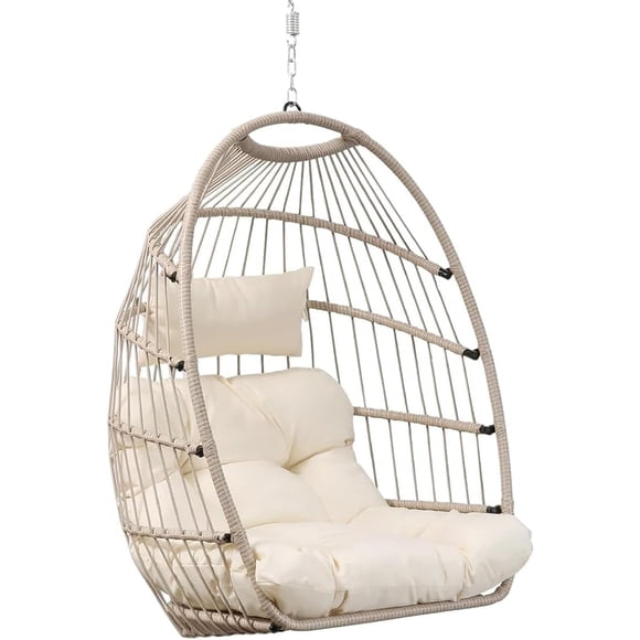 Hanging Egg Chair with Stand and Cover Foldable Egg Swing Chair with Cushion Capacity for Indoor Bedroom Garden Backyard (Apricot )