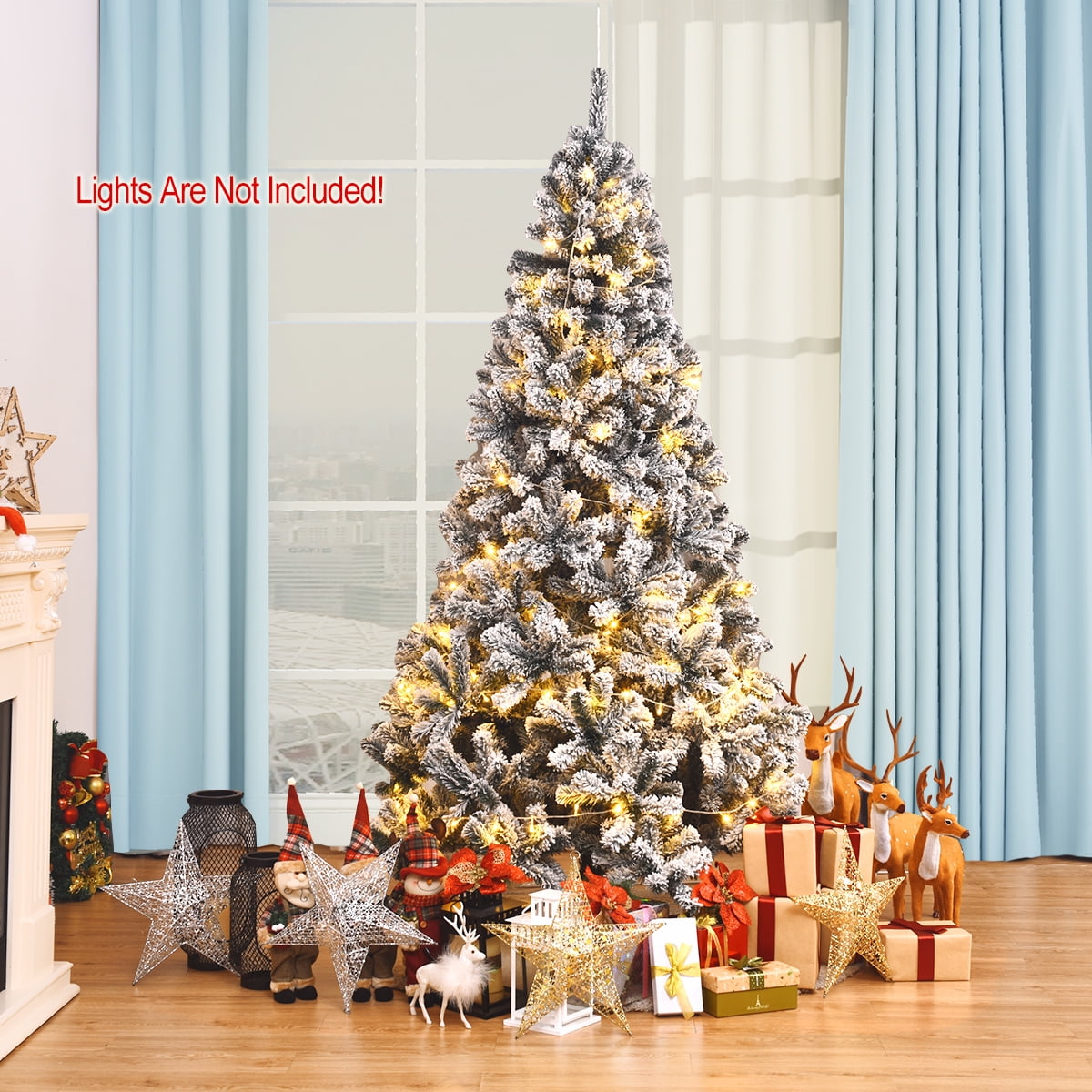 Gymax Green Unlit Snow Flocked Hinged Full Artificial Holiday Décor Christmas Tree, 6'