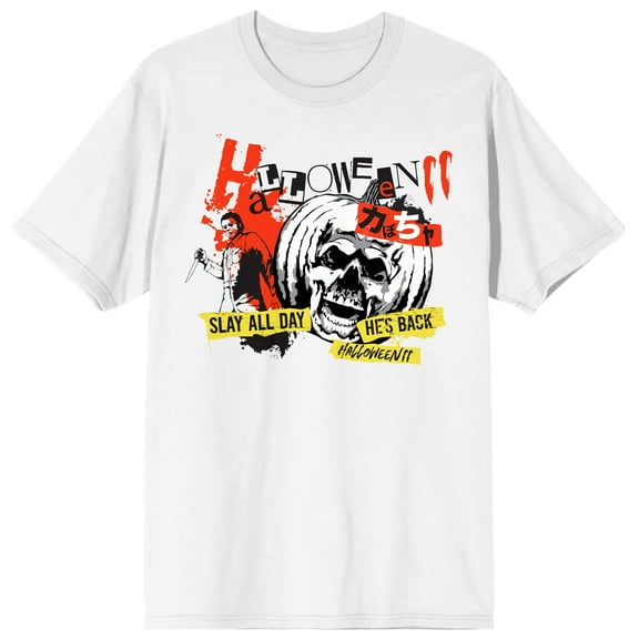 Halloween II Pumpkin skull, Michael Myers, Halloween II text, Slay all day, He's back, ink splash on White Short Sleeve Adult T-Shirt-5XL