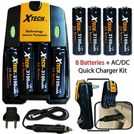 8 AA NiMH Rechargeable Batteries 3100mAh + AC/DC Quick Charger Kit for