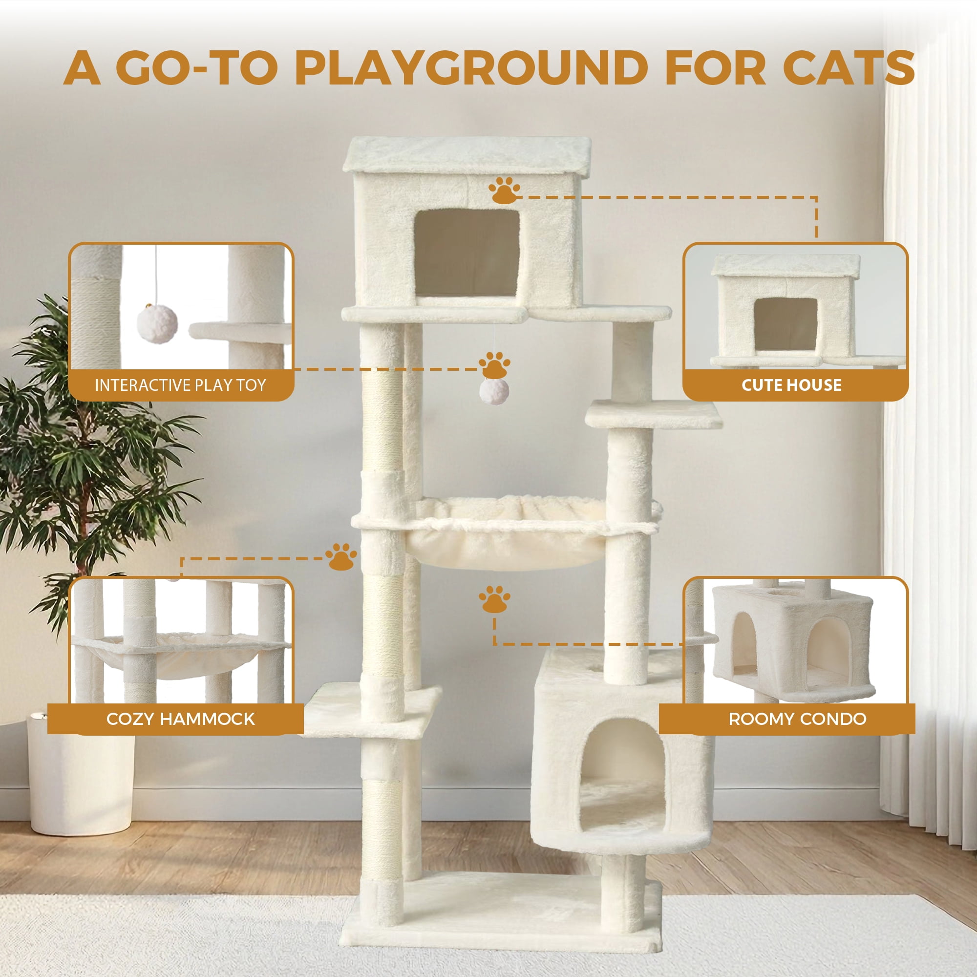 Jopath Multilevel Cat Tree Beige Multi-Level Cat Tree with Unique Cat House, Hammock, Scratching Posts - Plush Cat Tower for Indoor Cats, Ideal for Multiple Cats 64in